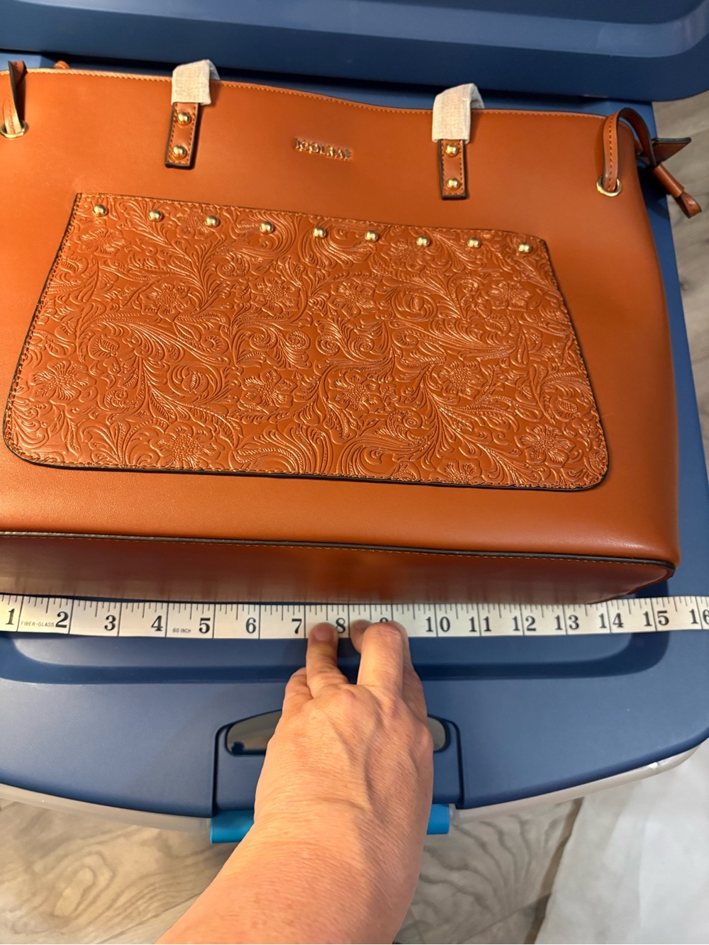 NWT ICOLRAE Cognac Brown Embossed Tooled Tote Bag & Wristlet Set Boho - Picture 12 of 13